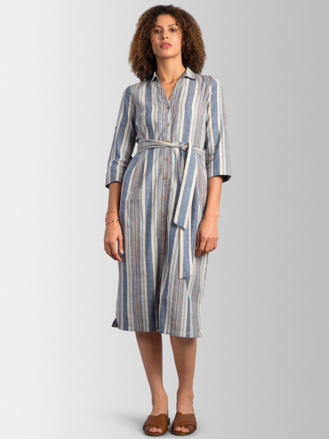 

FableStreet Women Blue & Beige Striped Shirt Dress