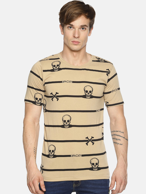 

IMPACKT Men Beige & Black Striped Round Neck T-shirt