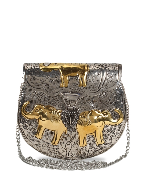 

Anekaant Silver-Toned & Gold-Toned Textured Embellished Clutch