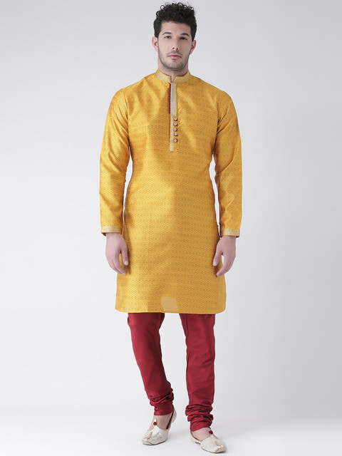 

SG LEMAN Men Yellow & Maroon Self Design Kurta with Churidar