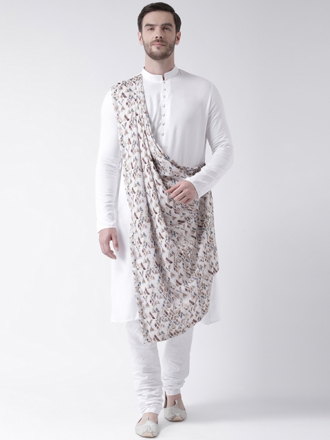 

DEYANN Men White & Cream-Coloured Printed Kurta with Churidar & Attached Dupatta