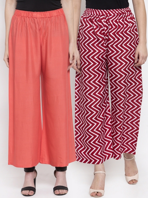 

TAG 7 Women Set of 2 Red & Peach-Coloured Printed Straight Palazzos