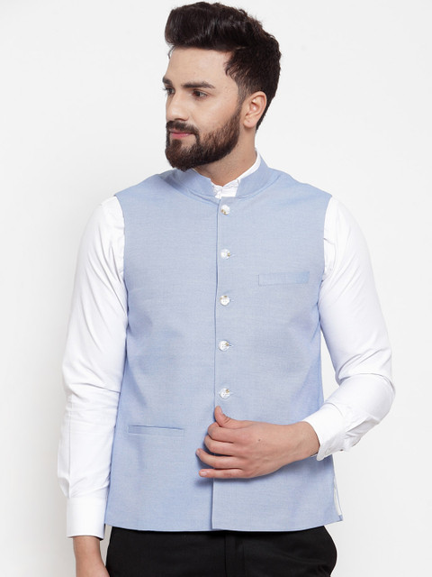

NEUDIS Men Blue Solid Twill Weave Pure Cotton Nehru Jacket