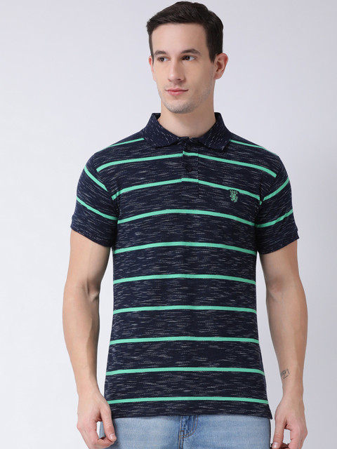 

Club York Men Navy Blue & Green Striped Polo Collar T-shirt