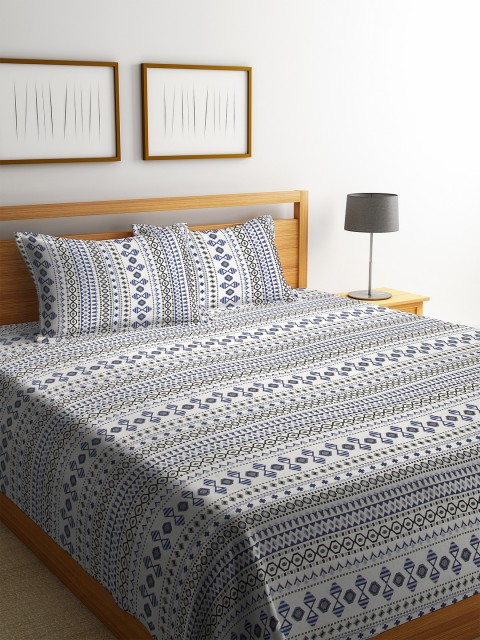 

Soumya White & Blue Geometric Printed Double Bedcover Set
