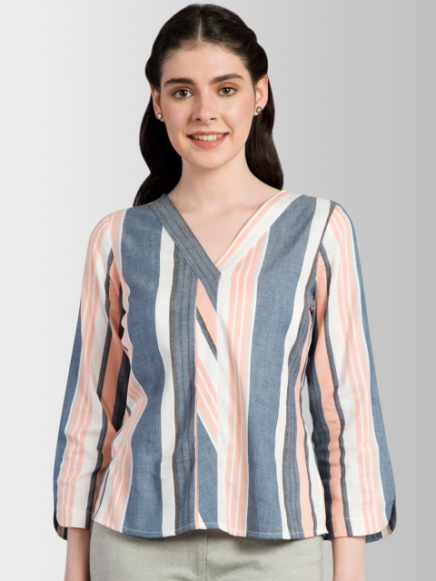 

FableStreet Women Blue & Peach-Coloured Striped A-Line Top