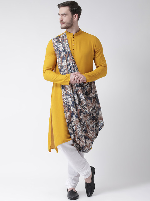 

DEYANN Men Mustard Yellow & Navy Blue Printed Straight Drape Kurta