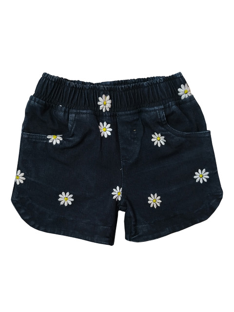 

KiddoPanti Girls Black Printed Regular Fit Denim Shorts