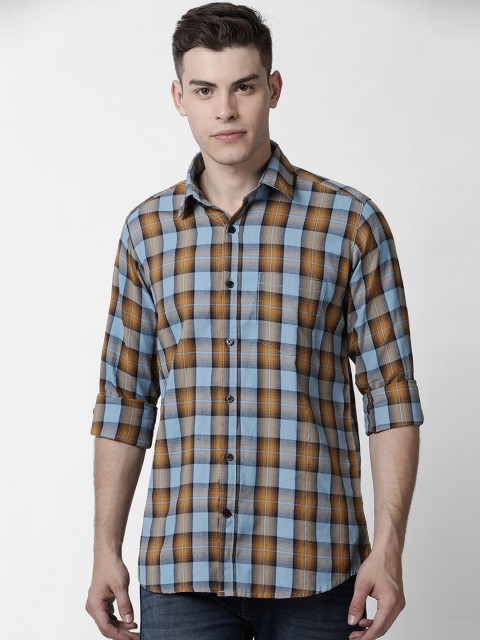 

Cross Court Men Brown & Blue Slim Fit Checked Casual Shirt