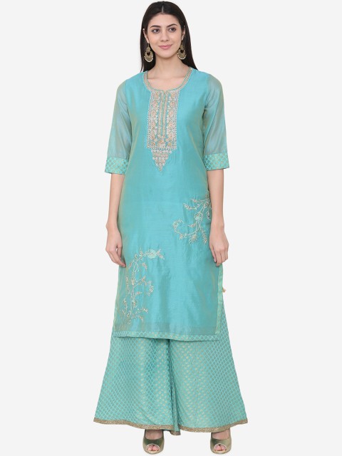 

Laabha Women Blue Floral Embroidered Regular Kurta with Palazzos
