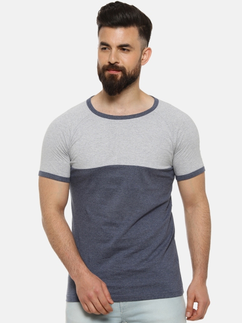 

Campus Sutra Men Blue & Grey Colourblocked Round Neck T-shirt