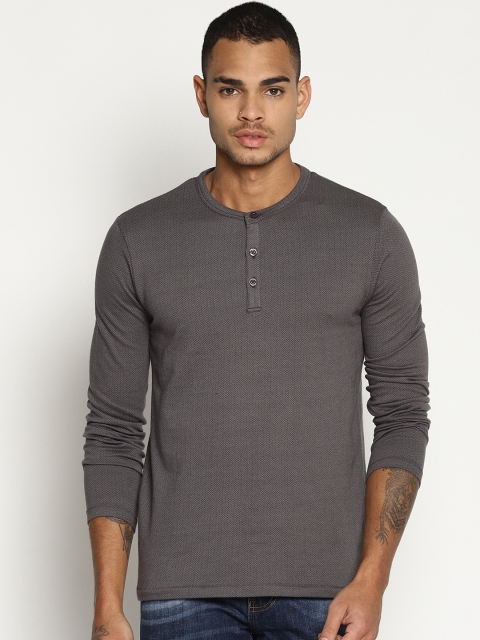 

IMPACKT Men Charcoal Grey Printed Henley Neck T-shirt