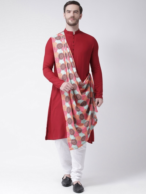 

DEYANN Men Red & White Printed Kurta With Churidar & Attached Dupatta