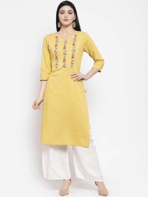 Clora Creation Women Yellow & White Embroidered Straight Kurta