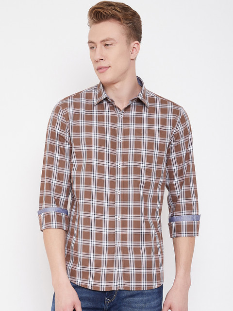 

METTLE Men Brown & Off-White Regular Fit Checked Casual Shirt