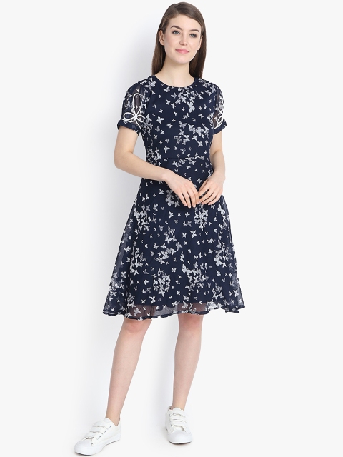 

yelloe Women Navy Blue Printed Fit and Flare Dress