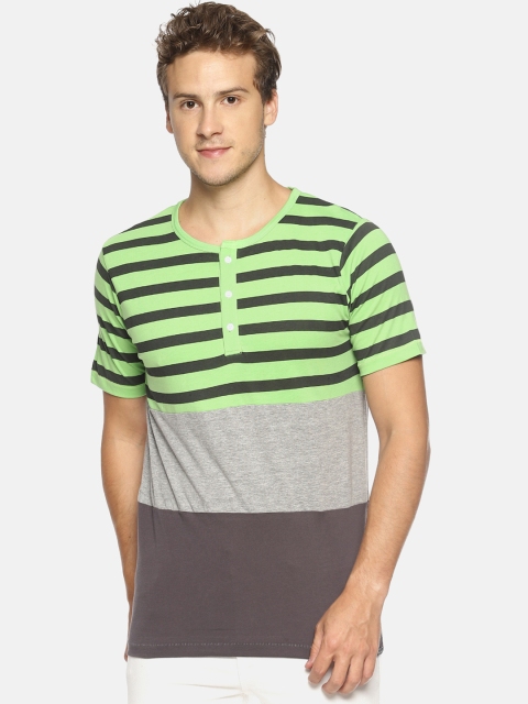 

IMPACKT Men Green & Grey Colourblocked Henley Neck T-shirt