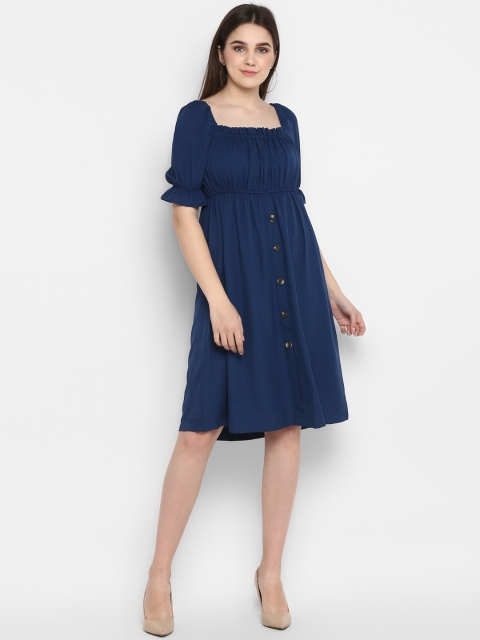 

FOSH Women Blue Solid Fit and Flare Dress
