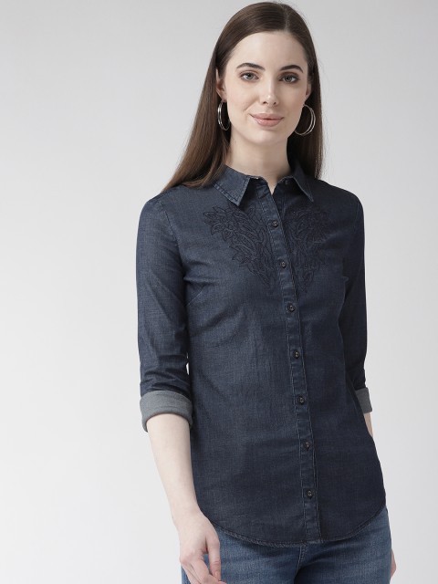 

Xpose Women Navy Blue Classic Regular Fit Self Design Denim Casual Shirt