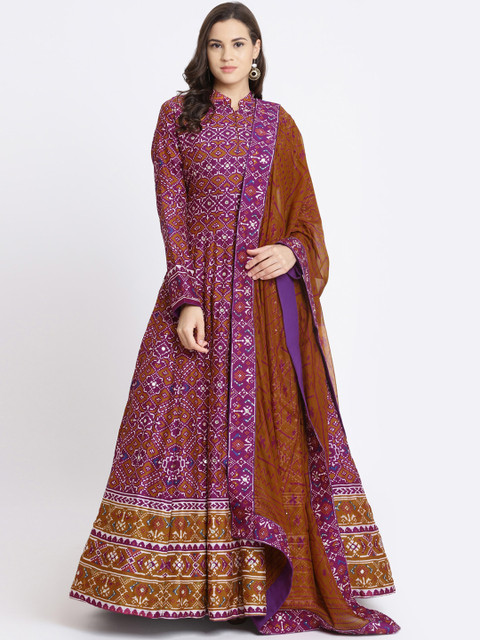 

Koskii Women Fuchsia & Mustard Yellow Printed A-Line Dress with Dupatta