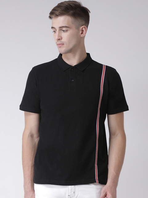 

REALM Men Black Striped Polo Collar T-shirt