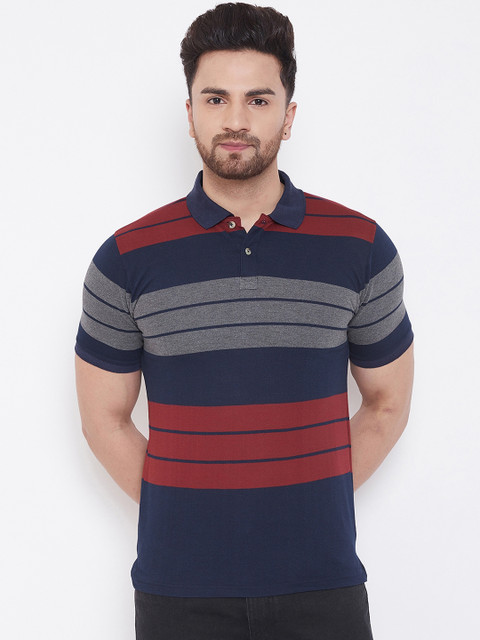 

Austin wood Men Navy Blue & Red Striped Polo Collar T-shirt