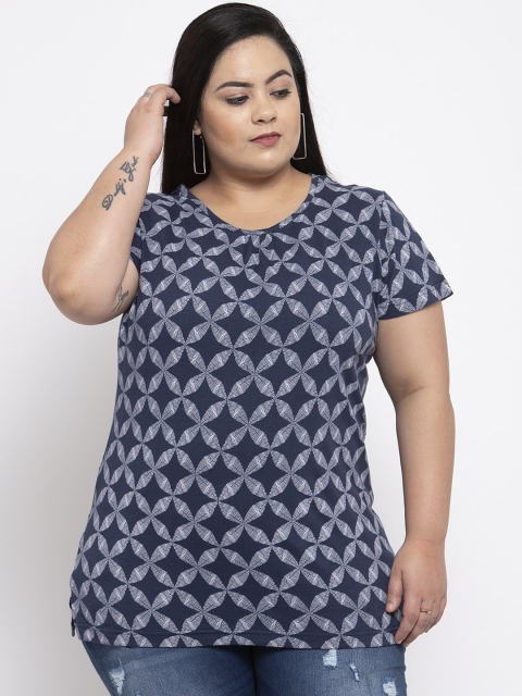

plusS Women Blue & White Printed Round Neck T-shirt
