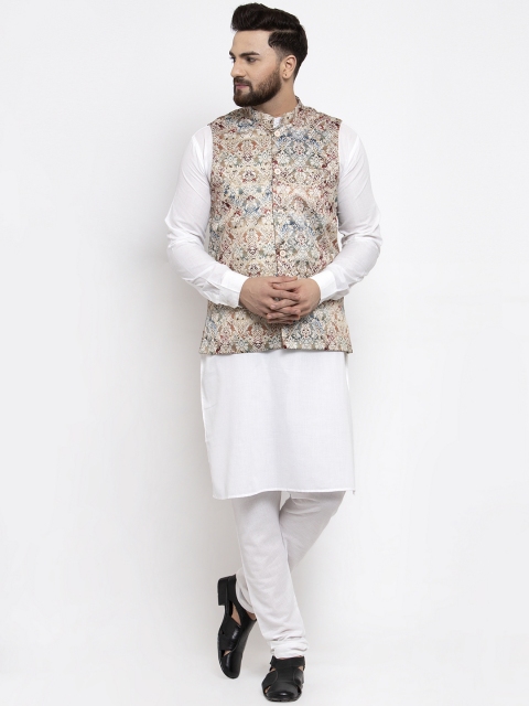 

Jompers Men White & Beige Printed Kurta with Churidar & Nehru Jacket
