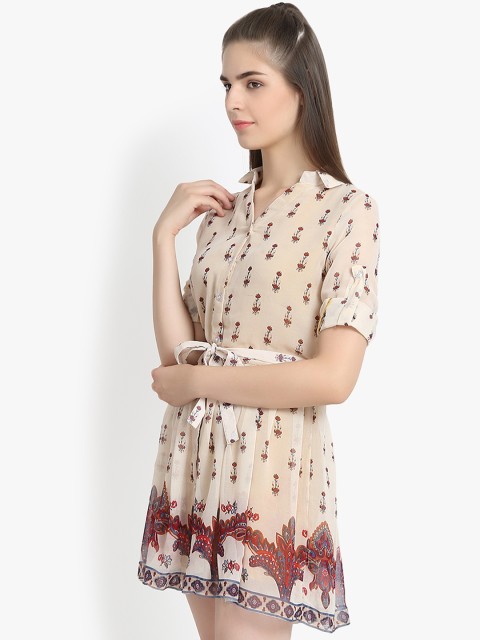 

yelloe Women Beige & Red Printed Fit and Flare Dress