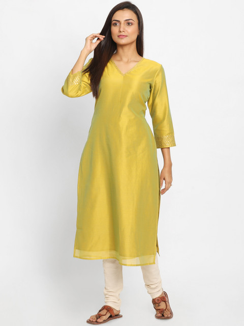 

Nakshi Women Yellow & Green Solid Straight Kurta