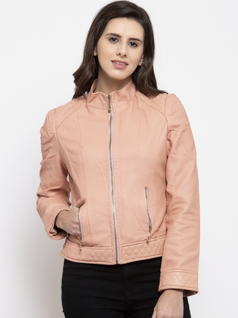 

VOXATI Women Peach-Coloured Solid Biker Jacket