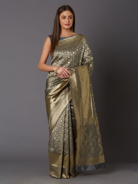 

Mitera Grey & Gold-Toned Silk Blend Woven Design Banarasi Saree