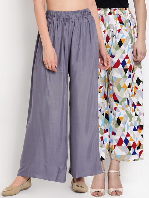 

TAG 7 Women White & Grey Printed Wide Leg Palazzos
