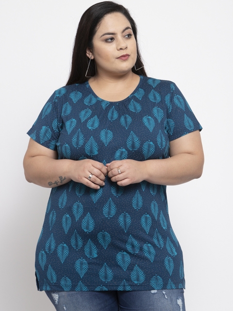 

plusS Women Blue Printed Round Neck T-shirt