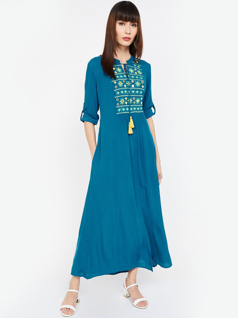 

Colour Me by Melange Women Blue & Yellow Embroidered Fit and Flare Dress