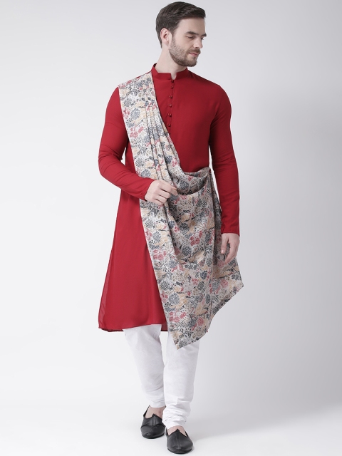 

DEYANN Men Red & Cream-Coloured Printed Straight Drape Kurta