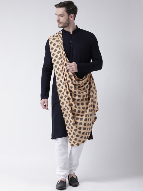 

DEYANN Men Navy Blue & White Printed Kurta with Churidar & Attached Dupatta