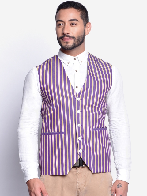

Blacksmith Men Purple & Gold-Toned Striped Waistcoat