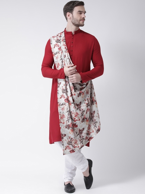 

DEYANN Men Red & White Printed Drape Kurta with Churidar