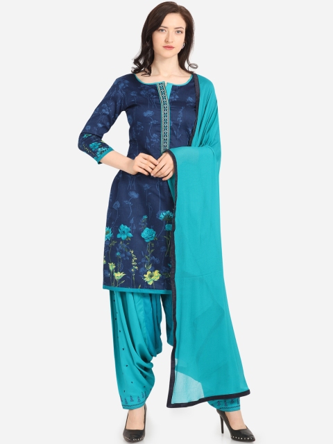 

Kvsfab Navy Blue & Sea Green Cotton Blend Unstitched Dress Material