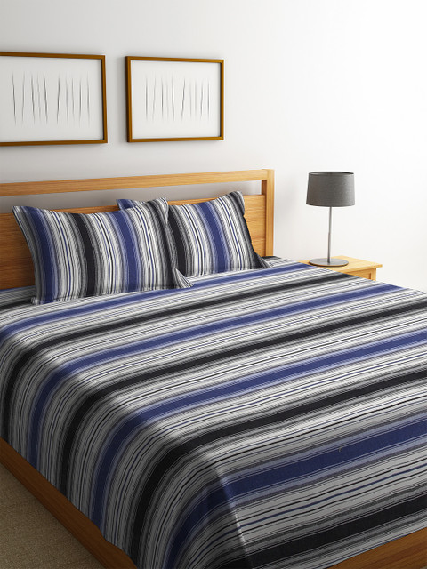 

Soumya Unisex Blue & Black Striped 1 Double Bed King Size Bedsheet with 2 Pillow Covers