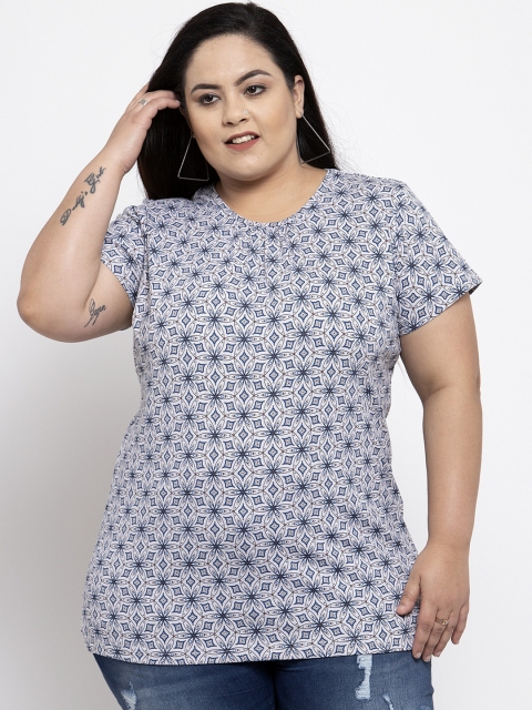 

plusS Women White & Blue Printed Round Neck T-shirt