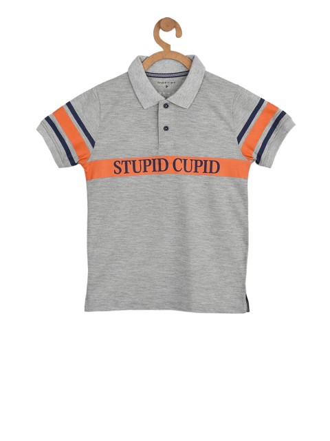 

Stupid Cupid Boys Grey Printed Polo Collar T-shirt