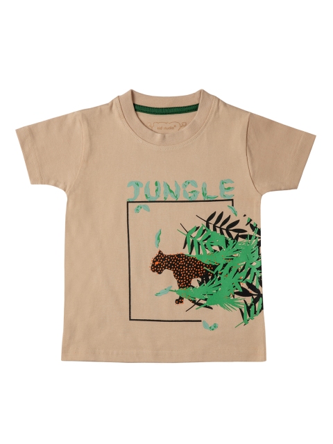 

Kid Studio Boys Beige & Green Printed Round Neck T-shirt