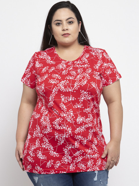 

plusS Women Red & White Printed Round Neck T-shirt