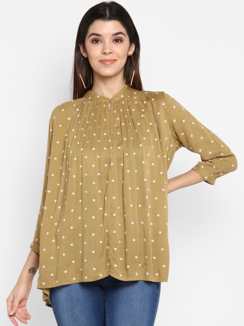 

MIAMINX Women Mustard Yellow and White Polka Dot Print Top