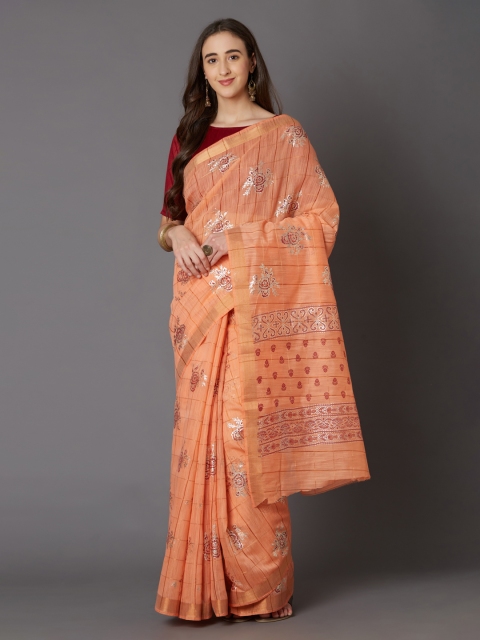 

Mitera Orange Printed Cotton Blend Saree