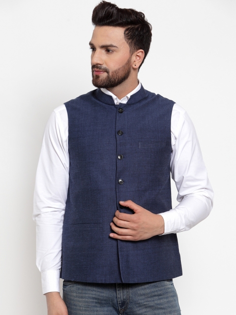 

NEUDIS Men Blue Solid Pure Cotton Nehru Jacket