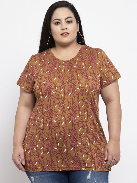 

plusS Women Mustard Brown Printed Round Neck T-shirt