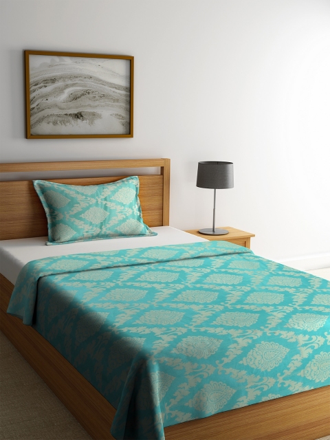 

Soumya Turquoise Blue Self Design Premium Satin Single Bed Cover With Pillow Cover